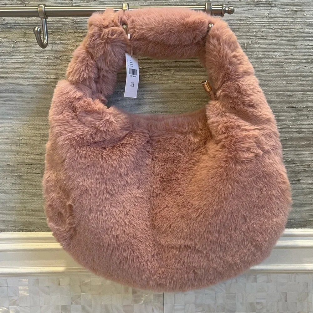 NWT new Melie Bianco Brigitte faux fur satchel bag purse mauve pink